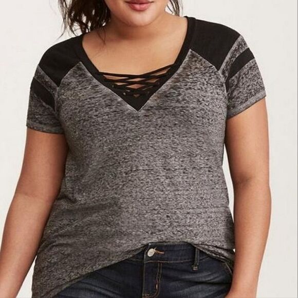 Torrid Women's Black Burnout V-neck Short Sleeve Pullover Top - Picture 1 of 13